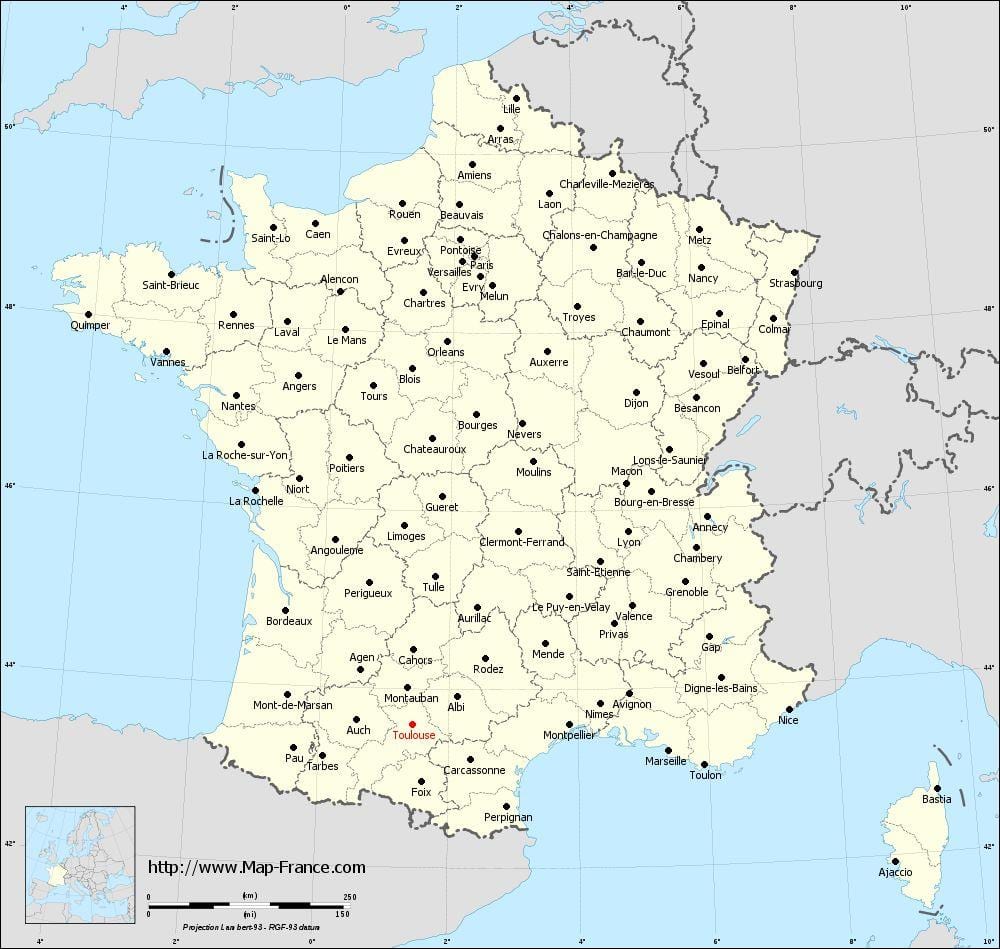 karta Francuskoj pokazuje Toulouse