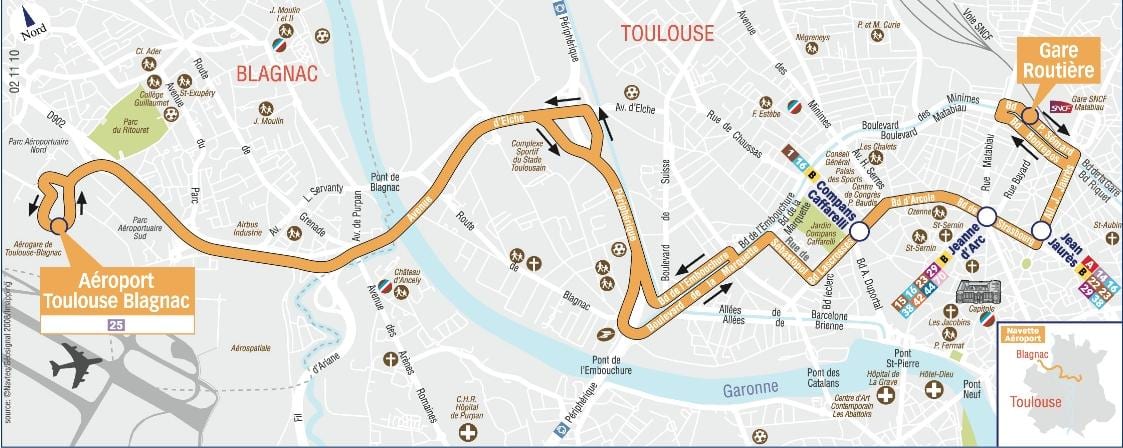 karta usluga prijevoza iz / do zračne luke Toulouse put 